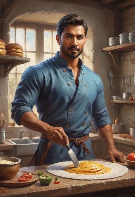 digital painting. action shot. epic fantasy, medieval. a handsome muscular compassionate (medium-dark-tan-skinned:1.3) 35-year-old mexican (baker:1.6) in the kitchen. short hair. (short beard:1.5). blue tunic. jewelry. smooth lines, perfect composition