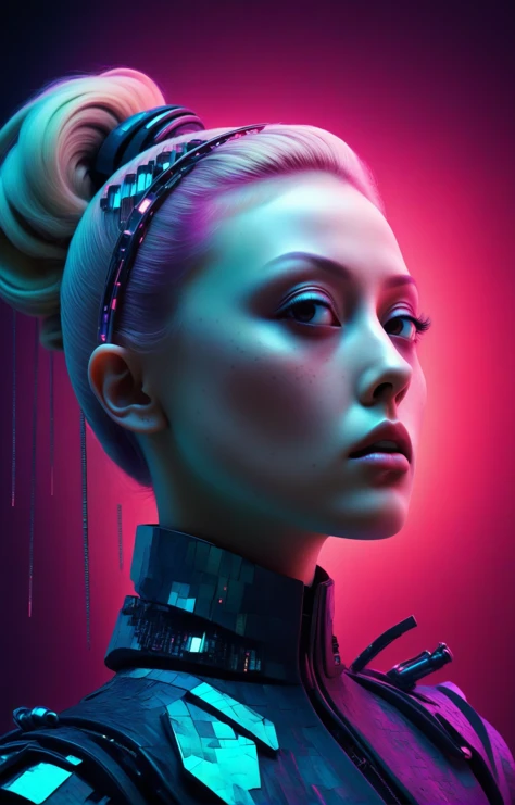 1950s retrofuturism, dark and moody from the side photo of a beautiful woman, freckles, ruby eyes, blonde ponytail, detailed face, stunning beauty, detailed skin, skin texture, skin pores, (freckles:1.05), abstract geometric gradients, glowing fractals, opalescent, dichroic, holographic vogue photoshoot, surreal cyberpunk cityscape engulfed in neon hues, two tone silhouette, detailed <lora:Bas_Waijers_-_Artstyle_Style_SDXL:1>, crimson sky