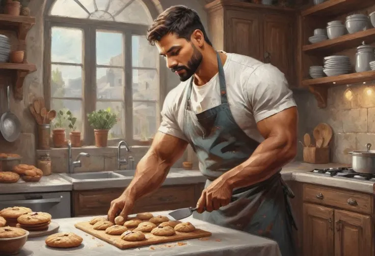 digital painting. action shot. epic fantasy, medieval. a handsome muscular compassionate (medium-dark-tan-skinned:1.3) 35-year-old mexican (baker:1.6) baking cookies in the kitchen. short hair. (short beard:1.5). tunic. jewelry. smooth lines, perfect composition