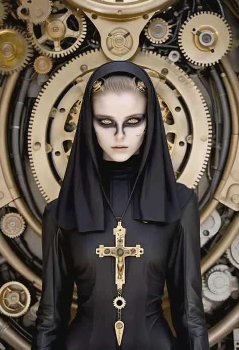 (girl), (skinny), (slender), (alien), (thin), (robot), (android), (cybernetic), (dune), (smooth), (cyborg), (mechanical), (tubes), (gears), (claws), (tentacles), (giger), (nun), (cross), (devine), (veil), (gold teeth), (rings), (golden teeth), (white eyes), <golden teeth:lora:1.6>