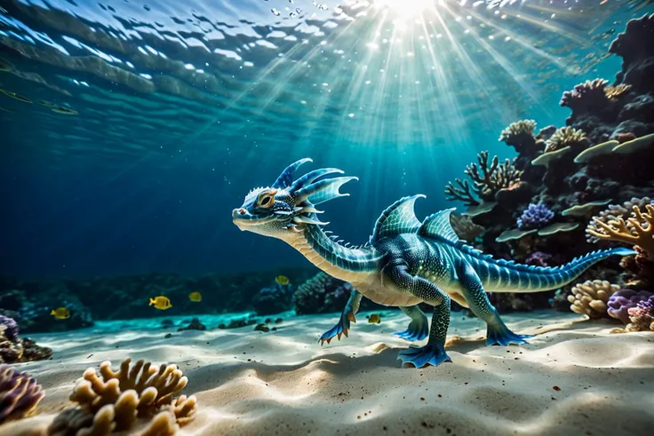 cinematic film still Photorealistic side view with 3/4th perspective of chibi water dragon swimming with fins underwater in ocean <lora:HyLper-Accelerate-PAseer:0.4> . shallow depth of field, vignette, highly detailed, high budget, bokeh, cinemascope, moody, epic, gorgeous, film grain, grainy