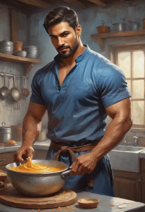 digital painting. action shot. epic fantasy, medieval. a handsome muscular compassionate (medium-dark-tan-skinned:1.3) 35-year-old mexican (baker:1.6) in the kitchen. short hair. (short beard:1.5). blue tunic. jewelry. smooth lines, perfect composition