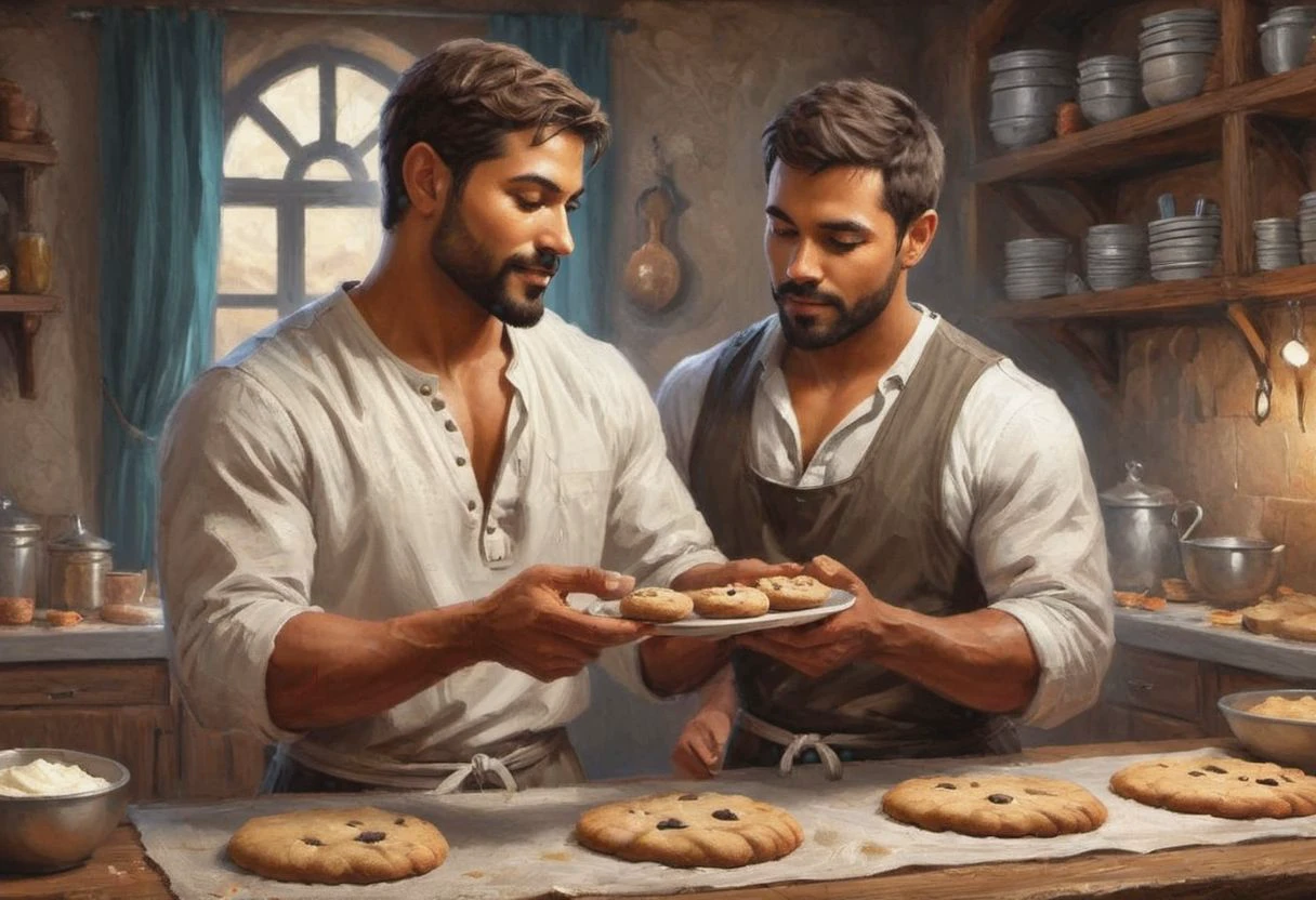 digital painting. action shot. epic fantasy, medieval. a handsome muscular compassionate (medium-dark-tan-skinned:1.3) 35-year-old bedouin (baker:1.6) decorating cookies in the kitchen. short hair. (short beard:1.5). body hair. tunic. jewelry. smooth lines, perfect composition