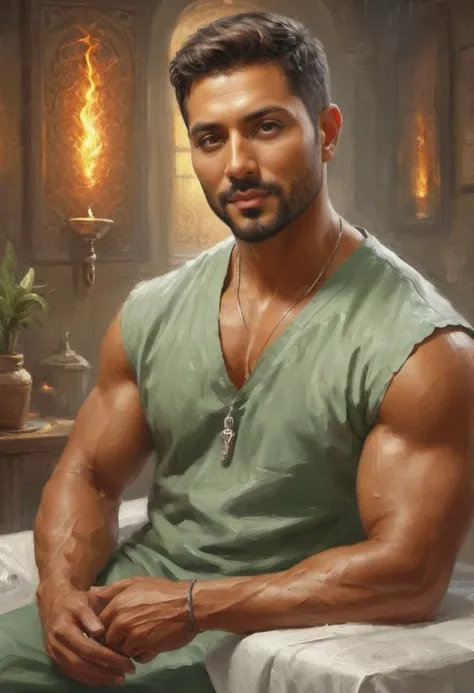 digital painting. action shot. epic fantasy, magic. a handsome muscular compassionate (medium-dark-tan-skinned:1.3) 35-year-old mexican (healer:1.6) in an infirmary. short hair. (short beard:1.5). (olive eyes:1.4). jewelry. smooth lines, perfect composition