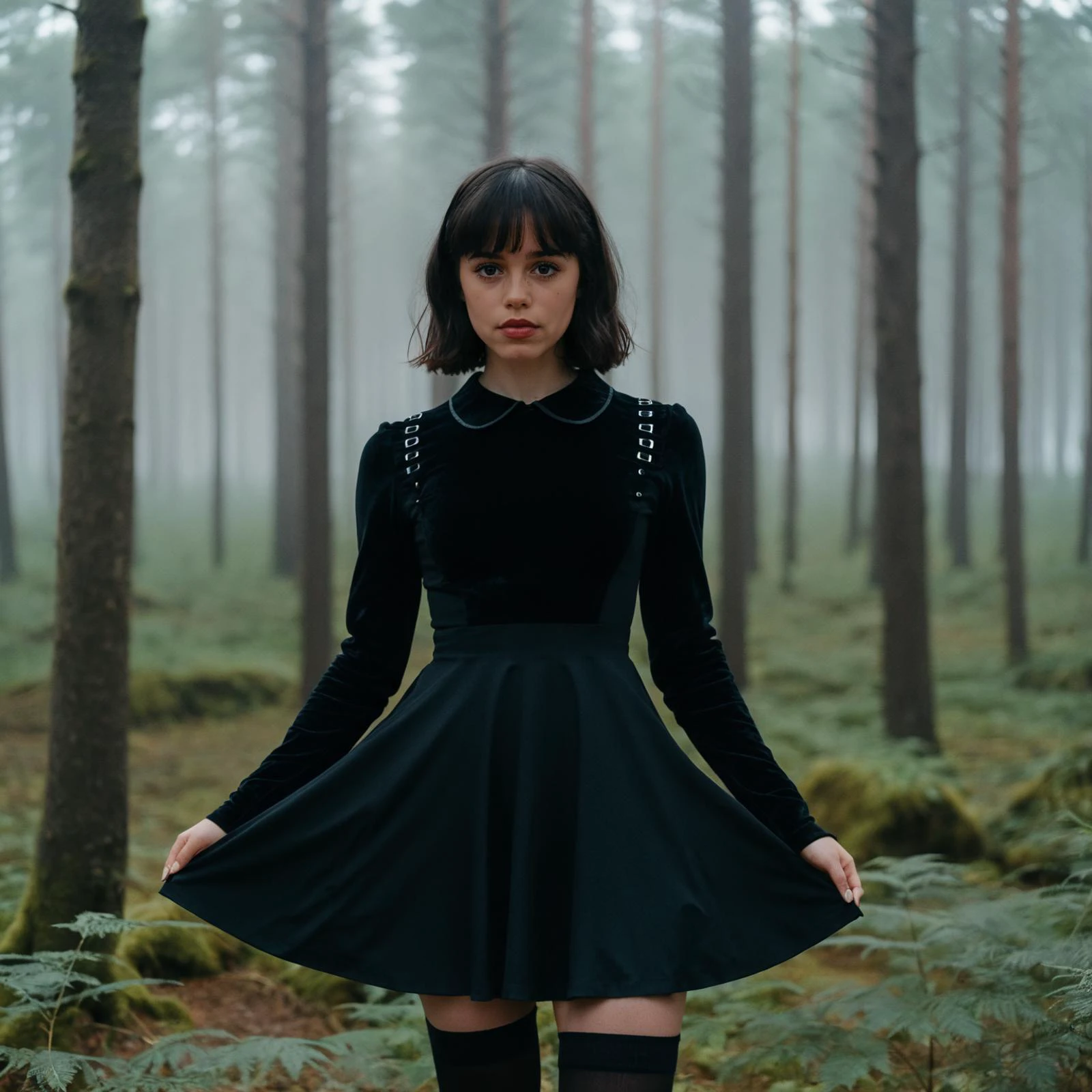 close up photo of ((ohwx woman)), bangs, black Long Sleeve Peter Pan Collar Fit and short black Flare Skater Dress, (black thigh high socks), (she is looking at the camera:1.4), in a foggy forest, Olympus OM-1, subject focus, flattering lighting, eye catchlight, (full body shot:2), centered image, symmetrical, <lora:ortega_sdxxxl_dh128_v1:1.1>