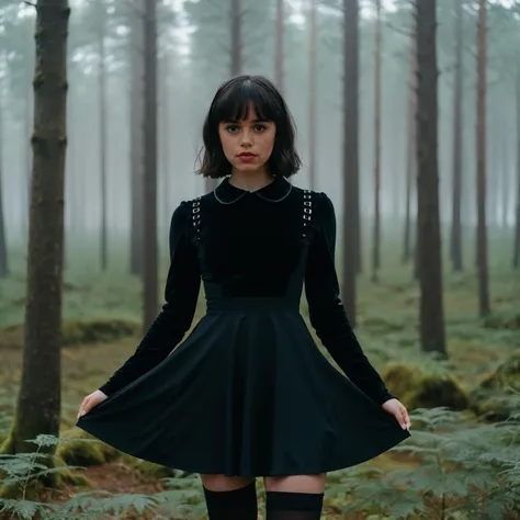 close up photo of ((ohwx woman)), bangs, black Long Sleeve Peter Pan Collar Fit and short black Flare Skater Dress, (black thigh high socks), (she is looking at the camera:1.4), in a foggy forest, Olympus OM-1, subject focus, flattering lighting, eye catchlight, (full body shot:2), centered image, symmetrical, <lora:ortega_sdxxxl_dh128_v1:1.1>