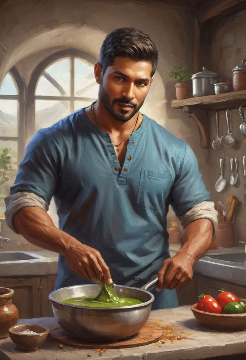 digital painting. action shot. epic fantasy, medieval. a handsome muscular compassionate (medium-dark-tan-skinned:1.3) 35-year-old mexican (healer:1.6) cooking in a kitchen. short hair. (short beard:1.5). (olive-eyes:1.4). blue tunic. jewelry. smooth lines, perfect composition
