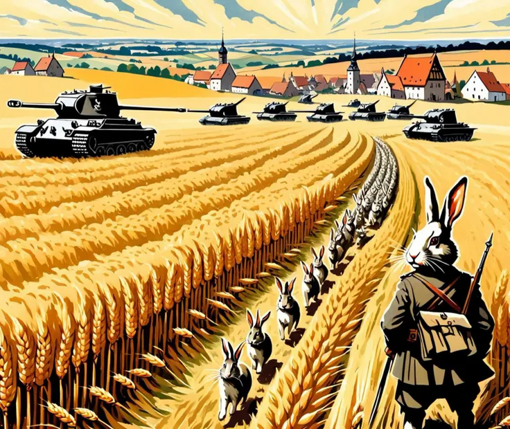 Thanksgiving dinner, in 1920s Poland, world war 1, WWI, tanks, mechs, wheat fields,in a village of anthropomorphic rabbits,leading a horde army, thousands of warriors, <lora:johnslegersart:0.5> ,<lora:SDXL1.0_Essenz-series-by-AI_Characters_Style_JakubRozalski-v1.0:0.5> artwork in jrst artstyle