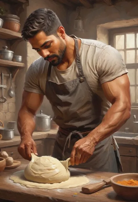 digital painting. action shot. epic fantasy, medieval. a handsome muscular compassionate (medium-dark-tan-skinned:1.3) 35-year-old mexican (baker:1.6) kneading dough in the kitchen. short hair. (short beard:1.5). tunic. jewelry. smooth lines, perfect composition