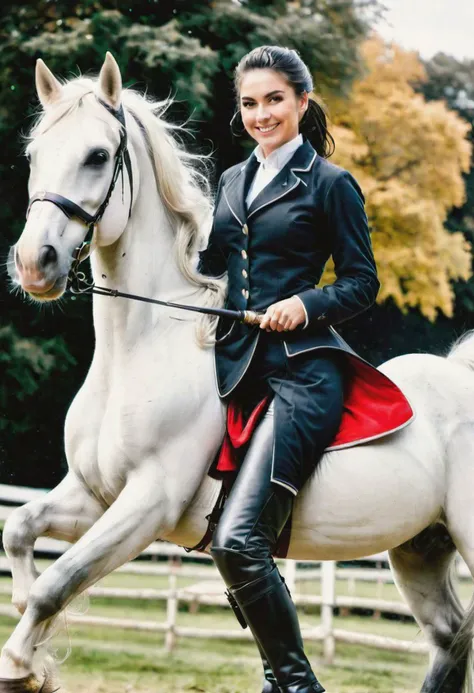 A photo of a smiling, beautiful woman,black hair in a ponytail and face framing tresses, standing next to a white horse, dressed in a riding coat and Jodhpurs, riding boots, smiling at the viewer, holding a riding crop, photo realistic, outside, atmospheric