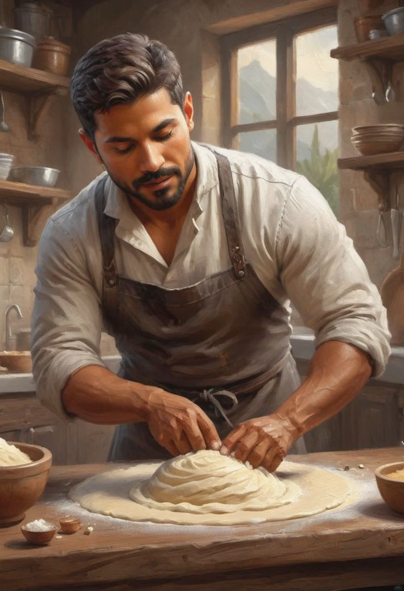 digital painting. action shot. epic fantasy, medieval. a handsome muscular compassionate (medium-dark-tan-skinned:1.3) 35-year-old mexican (baker:1.6) kneading dough in the kitchen. short hair. (short beard:1.5). tunic. jewelry. smooth lines, perfect composition