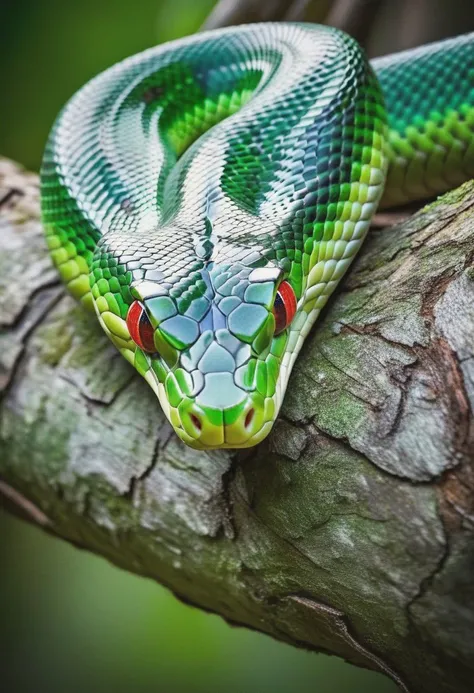 A mesmerizing and captivating portrait of a majestic green snake, coiled around a tree branch with its piercing red eye fixed on the viewer. The image captures the snake's sinuous and powerful form, with intricate green scales and a mesmerizing pattern that shimmers in the light. The vibrant color contrast between the serpent's emerald green body and ruby-red eye creates a striking and beautiful composition, while the snake's intelligent and enigmatic gaze adds a sense of mystery and intrigue. This detailed and intricate image celebrates the beauty and majesty of one of nature's most fascinating creatures, the serpent.