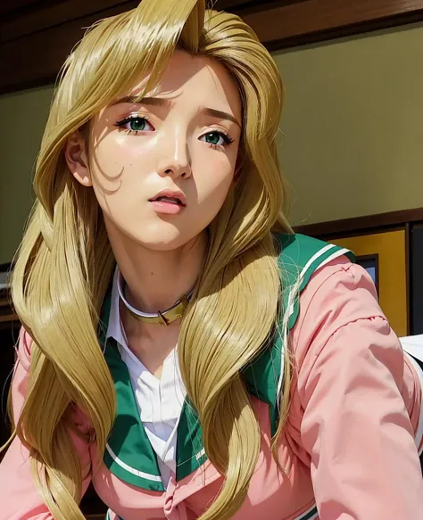 ((masterpiece:1.4, best quality))1girl,<lora:Kaori_Maejima_Shuusaku-KK77-V3:0.7>(pink_jacket:1.1),(Green_pleated skirt),(sailor_collar), school_uniform, serafuku,long_sleeves,Yellow_bowtie,blonde_hair,Long_hair,Green_eyes,1 girl, 20yo,Young female,Beautiful Finger,Beautiful long legs,Beautiful body,Beautiful Nose,Beautiful character design, perfect eyes, perfect face,expressive eyes,looking at viewer,all fours
