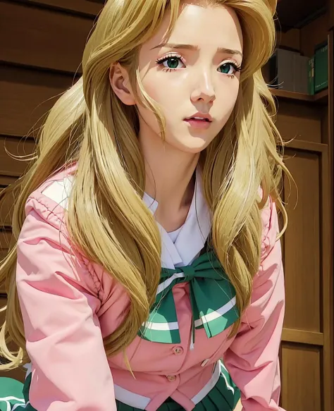 ((masterpiece:1.4, best quality))1girl,<lora:Kaori_Maejima_Shuusaku-KK77-V3:0.7>(pink_jacket:1.1),(Green_pleated skirt),(sailor_collar), school_uniform, serafuku,long_sleeves,Yellow_bowtie,blonde_hair,Long_hair,Green_eyes,1 girl, 20yo,Young female,Beautiful Finger,Beautiful long legs,Beautiful body,Beautiful Nose,Beautiful character design, perfect eyes, perfect face,expressive eyes,looking at viewer,all fours