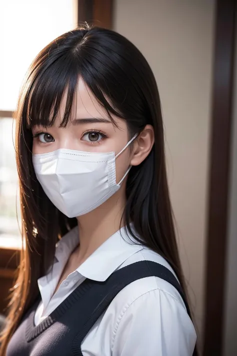 (photo realistic:1.6), ultra detailed, young woman, uplight, school wear, mask