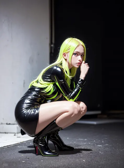 (photorealistic:1.4), RAW PHOTO,
1girl, (solo), masochist smile:1.3,
18yo white French girl,
very cute, gentle expression, (big and drooping eyes:1.3),
(blond hair:1.3),
slender, thin legs, big-breasts,
NSFW, camera low, camera close,
(Prostitute face and make-up indecently),
(Obscene pose:1.4),
(fluorescent metallic colors:1.4), (Thin-fabric heavy-Glossy very-Tight Smooth-polymer latex high-neck long-sleeve skirt, globe, stiletto-long-Boots),