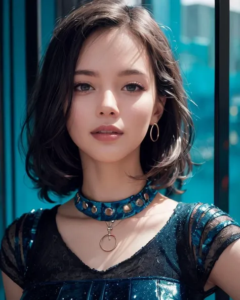 (best quality, masterpiece, intricate details:0.9),(photorealistic:1.3),cowboy_shot,woman,beautiful face,looking at viewer,(28 years old:1.2),smile,curly hair,tall,BREAK (dark blue dress:1.1),latex,piercing,necklace,BREAK (blue ink art background:1.1),(blue glass wall:1.3),(pixel art:1.1),Dalle de verre,cyberpunk,