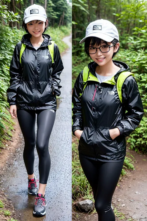(photorealistic:1.4), RAW PHOTO,
1girl, (solo), (smile:1.4),
18yo beautiful japanese idol girl,
very cute, gentle expression, (big and drooping eyes:1.3),
Very short pixie cut hair with forehead,
slender, thin legs, big-breasts, Laughing with an open mouth, Protruding teeth,
(resin-framed glasses),
(Wear a baseball cap, (TNF rain jacket hoodie), black ankle-length leggings, trekking shoes, and an Very big summit pack):1.2,
(Climbing an unpaved mountain road):1.5,