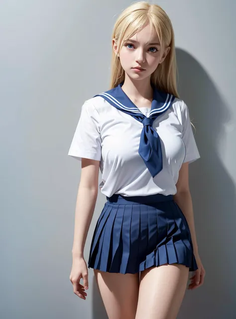 (photorealistic:1.4), RAW PHOTO,
1girl, (solo), masochist smile:1.3,
18yo white French girl,
very cute, gentle expression, (big and drooping eyes:1.3),
(blond hair:1.3),
slender, thin legs, big-breasts,
(Prostitute face and make-up indecently),
(shirt, skirt, school uniform, pleated skirt, serafuku, sailor collar, blue skirt, neckerchief, blue shirt, blue sailor collar, red neckerchief, blue serafuku)