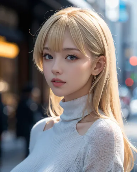 masterpiece, ultra detailed, sharp focus, photorealistic, raw photo, wide view, spot lighting, depth of field, bokeh,
BREAK
young cute 1girl, (bangs, blonde hair, fblue eyes), air skin, shiny skin, absurdres huge breast, glamorous, voluptuous, tight_black_turtleneck_sweater, in the city, day, intense closeup shot, side chest closeup shot:1.5, from side,