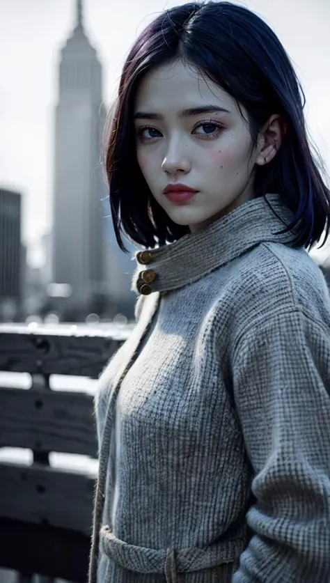best quality, masterpiece, ultra high res, (photorealistic:1.4), 1 woman, bob, winter, city, (background monochrome:1.5), (blurry background: 1.5)