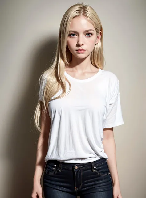 (photorealistic:1.4), RAW PHOTO, (cowboy-shot),
1girl, (solo), masochist smile:1.3,
18yo white French girl,
very cute, gentle expression, (big and drooping eyes:1.3),
(blond hair:1.3),
slender, thin legs, big-breasts,
(Prostitute face and make-up indecently),
(She's wearing a white Tshirt under her MA-1 and tight black jeans.),