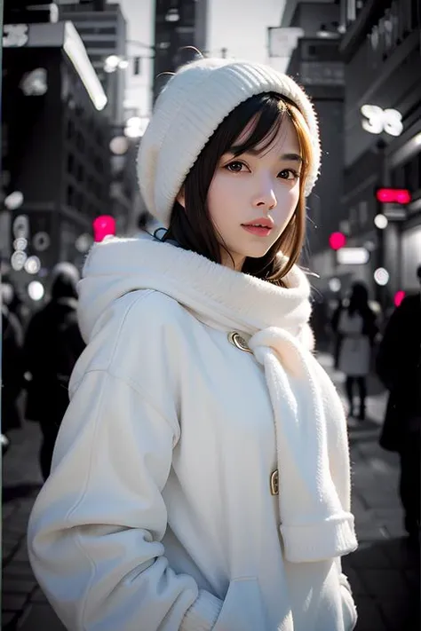 best quality, masterpiece, ultra high res, (photorealistic:1.4), 1 beautiful woman, winter, city, (background monochrome:1.5), (blurry background: 1.5)