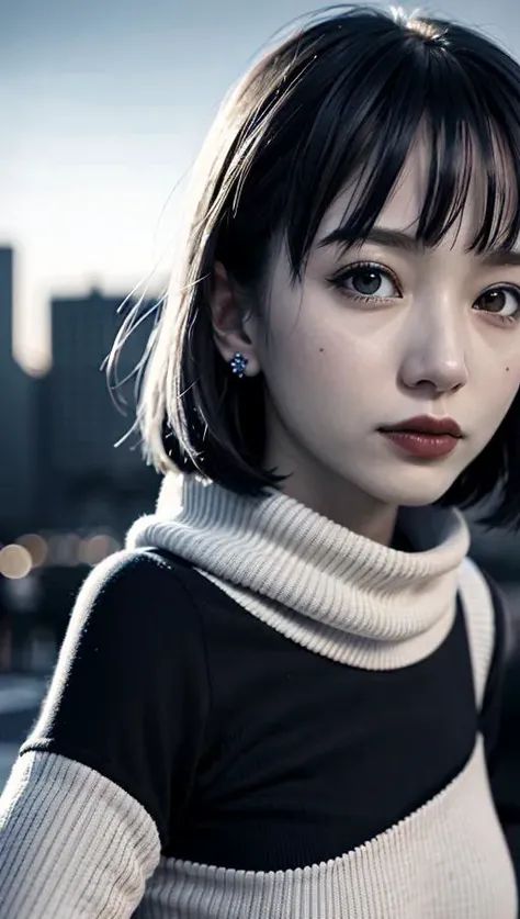 best quality, masterpiece, ultra high res, (photorealistic:1.4), 1 woman, bob, winter, city, (background monochrome:1.5), (blurry background: 1.5)