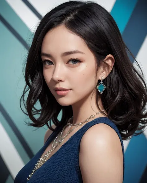 (best quality, masterpiece, intricate details:0.9),(photorealistic:1.3),cowboy_shot,woman,beautiful face,looking at viewer,(28 years old:1.2),smile,curly hair,tall,BREAK knit dress,(dark blue dress:1.1),piercing,necklace,BREAK (blue ink art background:1.1),blue geometric pattern,(blue glass wall:1.3),(pixel art:1.1),