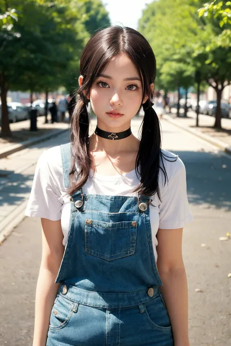 a woman with brown black hair in pigtails with her head tilted to the side looking bemused striking a pose in a park wearing a choker and overalls