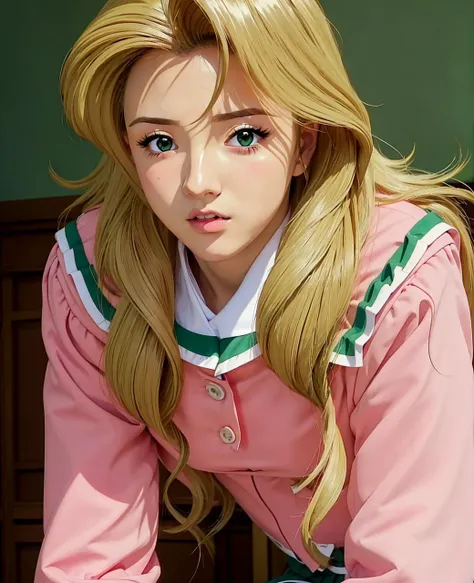 ((masterpiece:1.4, best quality))1girl,<lora:Kaori_Maejima_Shuusaku-KK77-V3:0.7>(pink_jacket:1.1),(Green_pleated skirt),(sailor_collar), school_uniform, serafuku,long_sleeves,Yellow_bowtie,blonde_hair,Long_hair,Green_eyes,1 girl, 20yo,Young female,Beautiful Finger,Beautiful long legs,Beautiful body,Beautiful Nose,Beautiful character design, perfect eyes, perfect face,expressive eyes,looking at viewer,all fours