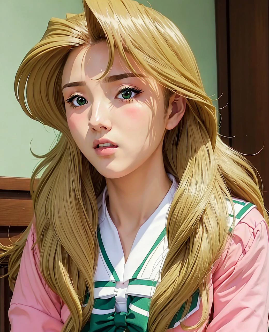 ((masterpiece:1.4, best quality))1girl,<lora:Kaori_Maejima_Shuusaku-KK77-V3:0.7>(pink_jacket:1.1),(Green_pleated skirt),(sailor_collar), school_uniform, serafuku,long_sleeves,Yellow_bowtie,blonde_hair,Long_hair,Green_eyes,1 girl, 20yo,Young female,Beautiful Finger,Beautiful long legs,Beautiful body,Beautiful Nose,Beautiful character design, perfect eyes, perfect face,expressive eyes,looking at viewer,all fours