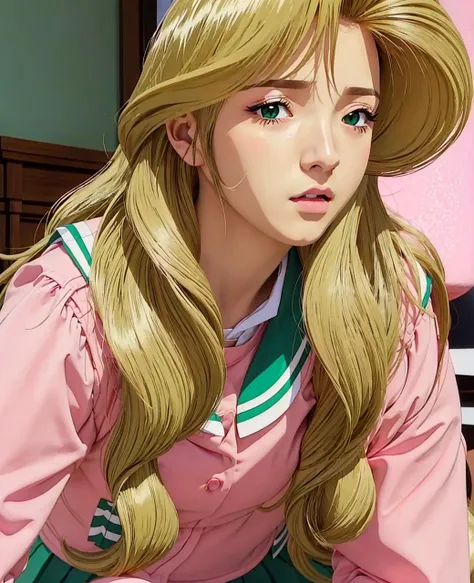 ((masterpiece:1.4, best quality))1girl,<lora:Kaori_Maejima_Shuusaku-KK77-V3:0.7>(pink_jacket:1.1),(Green_pleated skirt),(sailor_collar), school_uniform, serafuku,long_sleeves,Yellow_bowtie,blonde_hair,Long_hair,Green_eyes,1 girl, 20yo,Young female,Beautiful Finger,Beautiful long legs,Beautiful body,Beautiful Nose,Beautiful character design, perfect eyes, perfect face,expressive eyes,looking at viewer,all fours