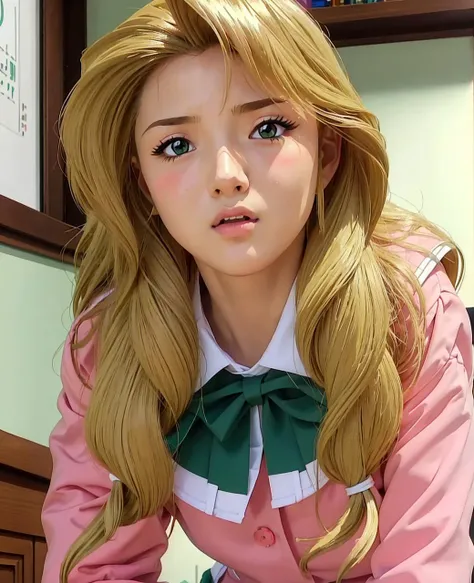 ((masterpiece:1.4, best quality))1girl,<lora:Kaori_Maejima_Shuusaku-KK77-V3:0.7>(pink_jacket:1.1),(Green_pleated skirt),(sailor_collar), school_uniform, serafuku,long_sleeves,Yellow_bowtie,blonde_hair,Long_hair,Green_eyes,1 girl, 20yo,Young female,Beautiful Finger,Beautiful long legs,Beautiful body,Beautiful Nose,Beautiful character design, perfect eyes, perfect face,expressive eyes,looking at viewer,all fours