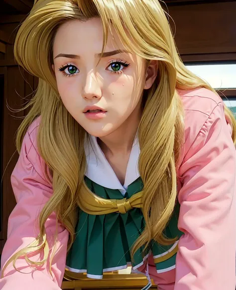 ((masterpiece:1.4, best quality))1girl,<lora:Kaori_Maejima_Shuusaku-KK77-V3:0.7>(pink_jacket:1.1),(Green_pleated skirt),(sailor_collar), school_uniform, serafuku,long_sleeves,Yellow_bowtie,blonde_hair,Long_hair,Green_eyes,1 girl, 20yo,Young female,Beautiful Finger,Beautiful long legs,Beautiful body,Beautiful Nose,Beautiful character design, perfect eyes, perfect face,expressive eyes,looking at viewer,all fours