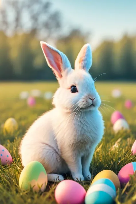 (photo realistic:1.5), (RAW photo, soft lighting, masterpiece:1.2), (high quality, best quality, ultra detailed, highly detailed)
rabbit in a field with (Easter eggs scattered everywhere)