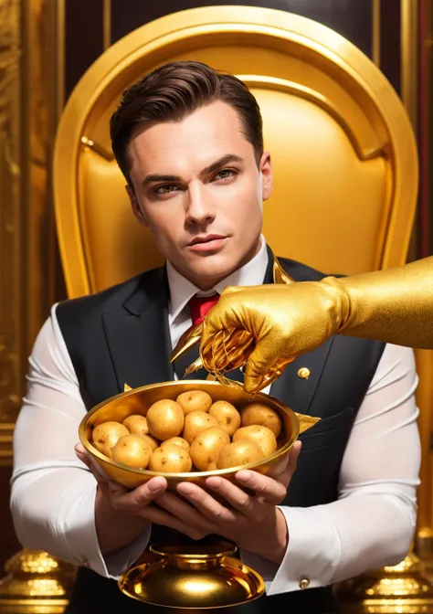 Let's push the boundaries of creativity! The super-wealthy Belarusian manager is in an office that's the epitome of opulence, gleaming in gold and platinum. Nestled amidst all the precious metals are mountains of potatoes, symbolizing earth's riches. Add to this the shimmering aura of Bitcoins floating around, the scene evokes a sense of abundant wealth and prosperity, reminiscent of scenes from The Wolf of Wall Street.