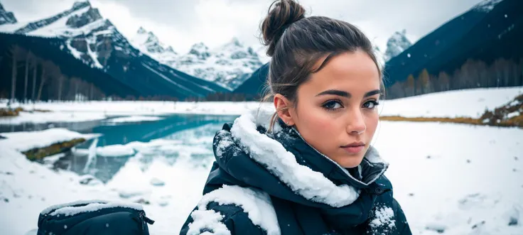 best ratio, a photo of attractive stunning woman, messy bun, covered by snow, skin pores, behind glacial mountains, snow, high detailed skin, film grain, atmosphere, (humid)