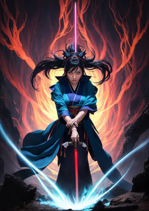 Conceive an image of a woman, garbed in a dark blue kimono that whispers tales of ancient lore, aloft amidst the enigmatic embrace of a mystic forest. In her grasp, a katana glows with an ominous, ruby hue, matching the dangerous aura she emanates. Her black wings reflect the whispering shadows beneath, as she soars skyward, looking from above with a gaze as sharp and focused as her blade. This compelling scene pulses with a lived realism akin to a splendid canvas of Takashi Murakami artwork.