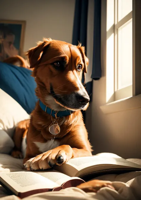 A realistic and cinematic image of a dog reading a book, much like a scene from a movie. The camera angle capturing the dog with glasses, engrossed in the book, and the soft bedroom lighting in the background evokes a sense of profundity similar to movie stills from films like 'The Secret Life of Pets'