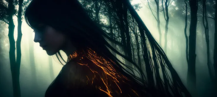 Surreal double exposure depiction of a woman with lustrous dark locks, her silhouette merging with the enigmatic depths of a fog-bound forest under the mystical midnight heavens,, closeup, clothes from woods