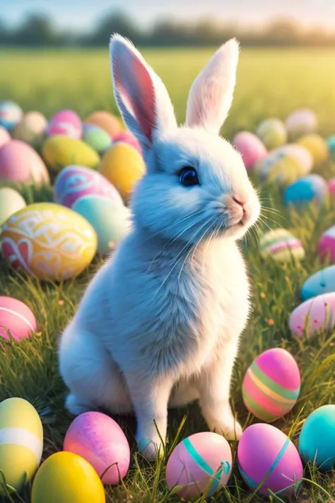 (photo realistic:1.5), (RAW photo, soft lighting, masterpiece:1.2), (high quality, best quality, ultra detailed, highly detailed)
rabbit in a field with (Easter eggs scattered everywhere)