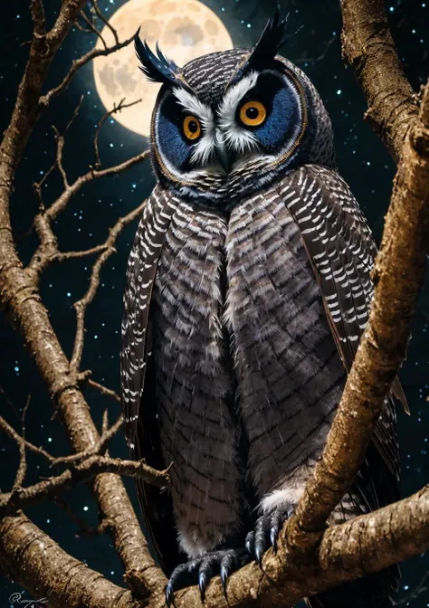 Meeting the mystical creature of the night. Picture an owl with a sharp gaze, feathers glowing in the moonlight, perched on an ancient branch in a dense forest. Every detail speaks of mystery and wisdom. This scene, underscored with moonlit shadows, can be likened to a Grey Owl painting by Raymond Harris-Ching
