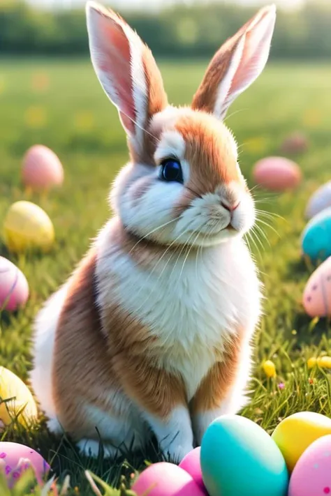 (photo realistic:1.5), (RAW photo, soft lighting, masterpiece:1.2), (high quality, best quality, ultra detailed, highly detailed)
rabbit in a field with (Easter eggs scattered everywhere)