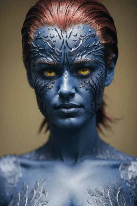 , Sunrise, High Depth of Field,<lora:Mystique-v1:0.7> (mystique, blue skin, red hair, yellow eyes, scales:1.2)