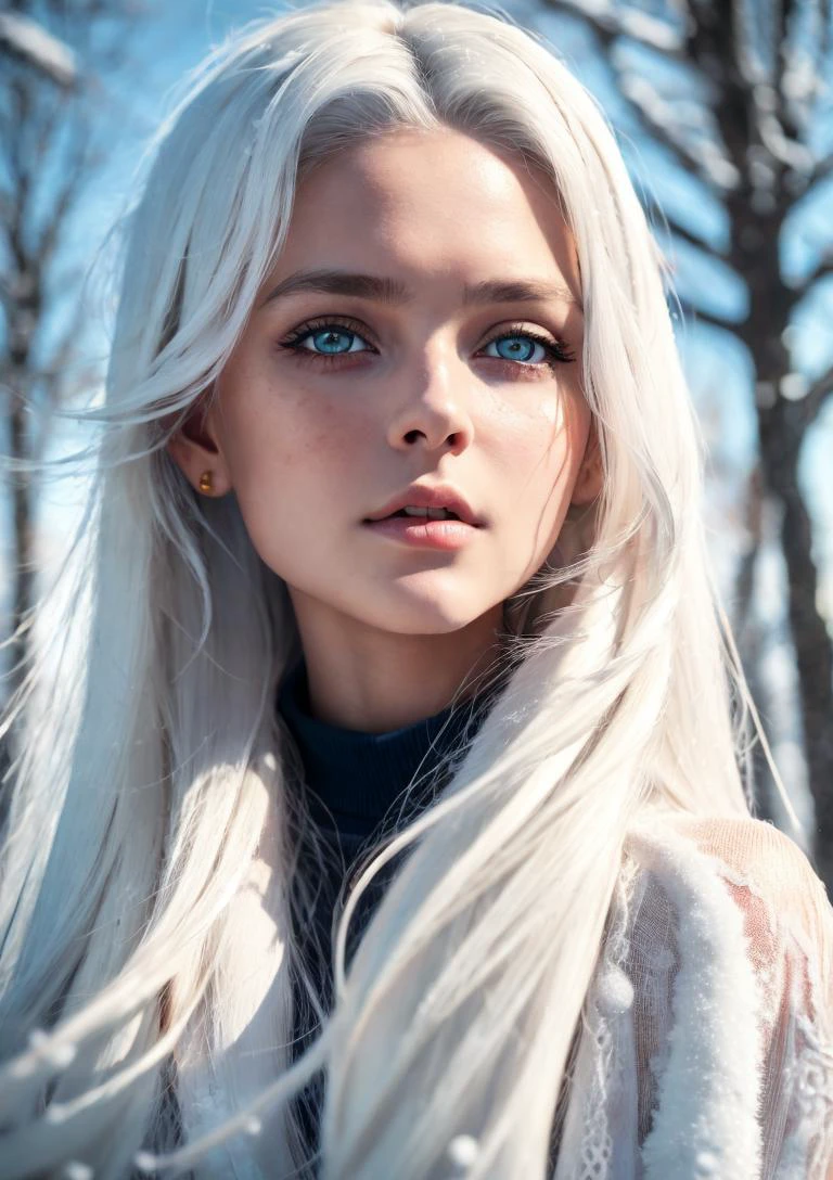 raw photo, 1girl,(White hair), long hair, detailed stunning innocent symmetry face, emotional, beautiful detailed eyes, windy, floating hair, snowy, upper body, detailed face, winter, trees, sunshine,best shadow,((best quality, masterpiece)),(realistic, photorealistic),eva_elfie, sharp focus on subject,film grain,detailed skin with visible pores, [[depth of field]]