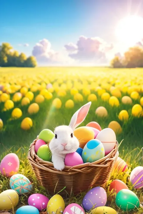 (photo realistic:1.5), (RAW photo, soft lighting, masterpiece:1.2), (high quality, best quality, ultra detailed, highly detailed)
rabbit in a field with (Easter eggs scattered everywhere)