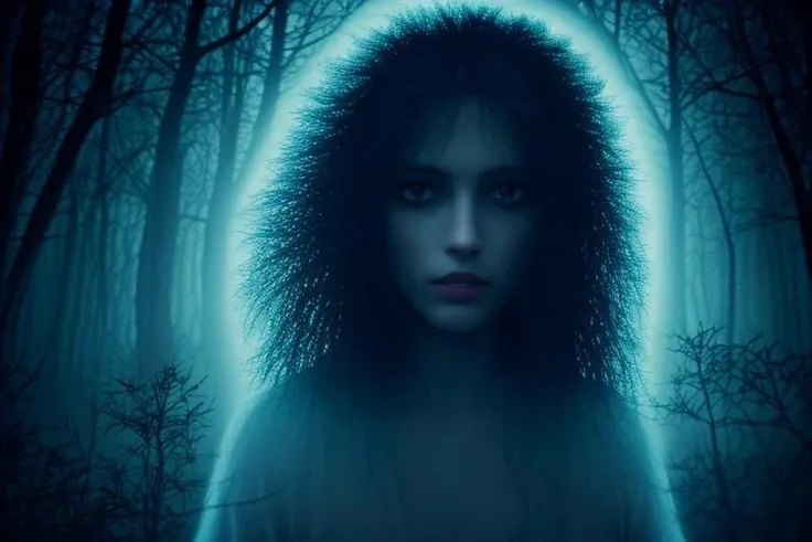 Surreal double exposure depiction of a woman with lustrous dark locks, her silhouette merging with the enigmatic depths of a fog-bound forest under the mystical midnight heavens,, closeup, clothes from woods