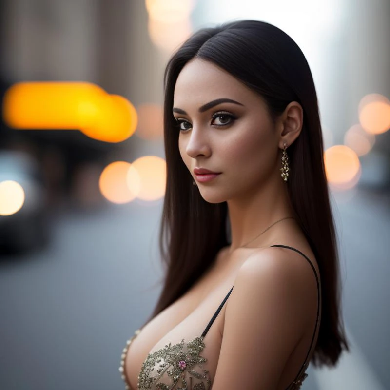 candid photo of a beautiful young slim woman wearing evening dress, night city street, ((partially exposed nipples)), (muted colors, photo realistic, realistic, dramatic, dark, sharp focus, 8k), gloomy, detailed intricate face, insane details, hyperdetailed, puffy nipples, detailed skin texture, captured with a Nikon D850 and a Nikon AF-s NIKKOR 70-200mm f/2.8E FL ED VR lens, depth of field, (centered image composition), (professionally color graded), ((dark diffused lighting)),puffy nipples