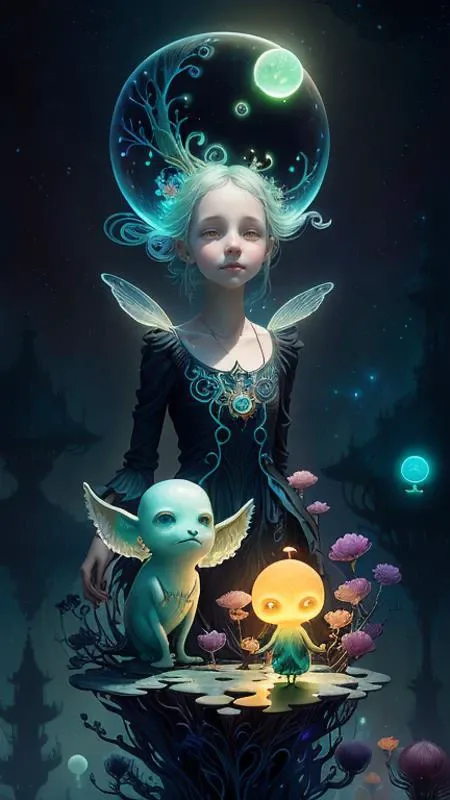 a surreal Bioluminescent, very very very cute Silene in a happy world by Daniel Merriam, Trending on Artstation, oil on Canvas by Elena Zhurikhina and Goro Fujita and Charlie Bowater, octane render, 4k, 8k, HD,